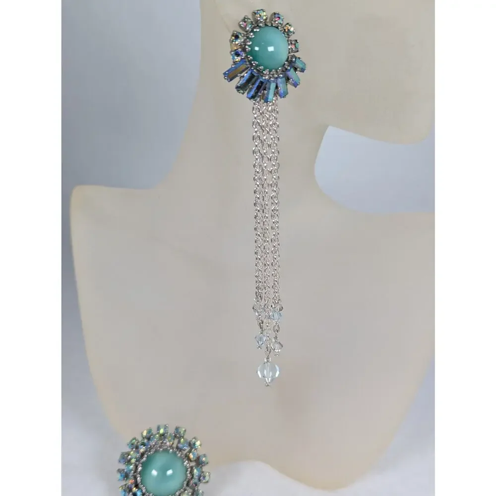 Mid-Century Faux Moonstone & Aurora Borealis Pin Earring Set Y2K Dangles